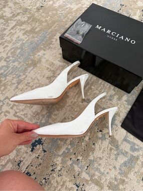 Marciano White Croc-Embossed Slingback Pointed Stiletto Heels
